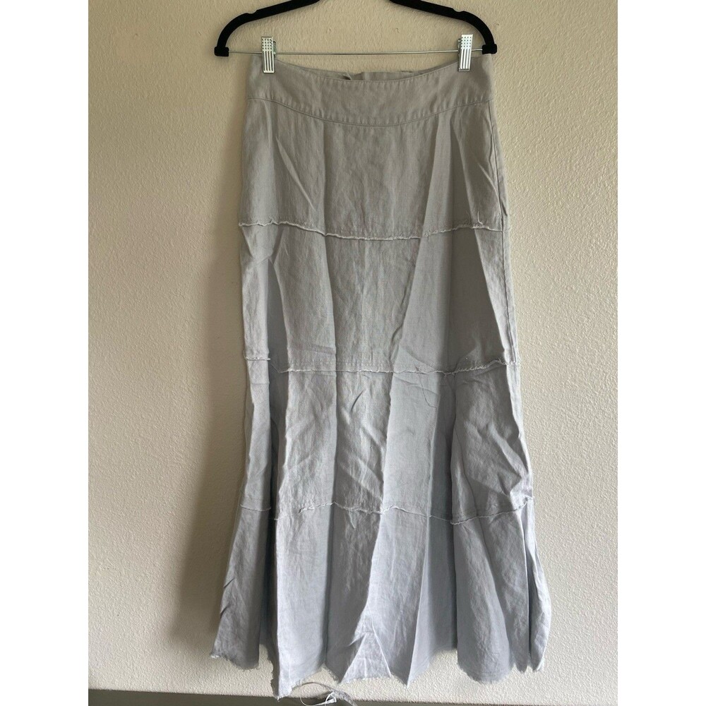 Cabi Maxi Skirt XS Gray 100% Linen Lace Up Back Tiered Raw Hem Laglenlook Boho